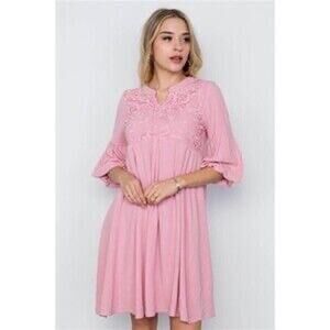 Hidden Alley Women's Cottage Lace Linen Cotton Blend Bubble Sleeve Dress Pink M